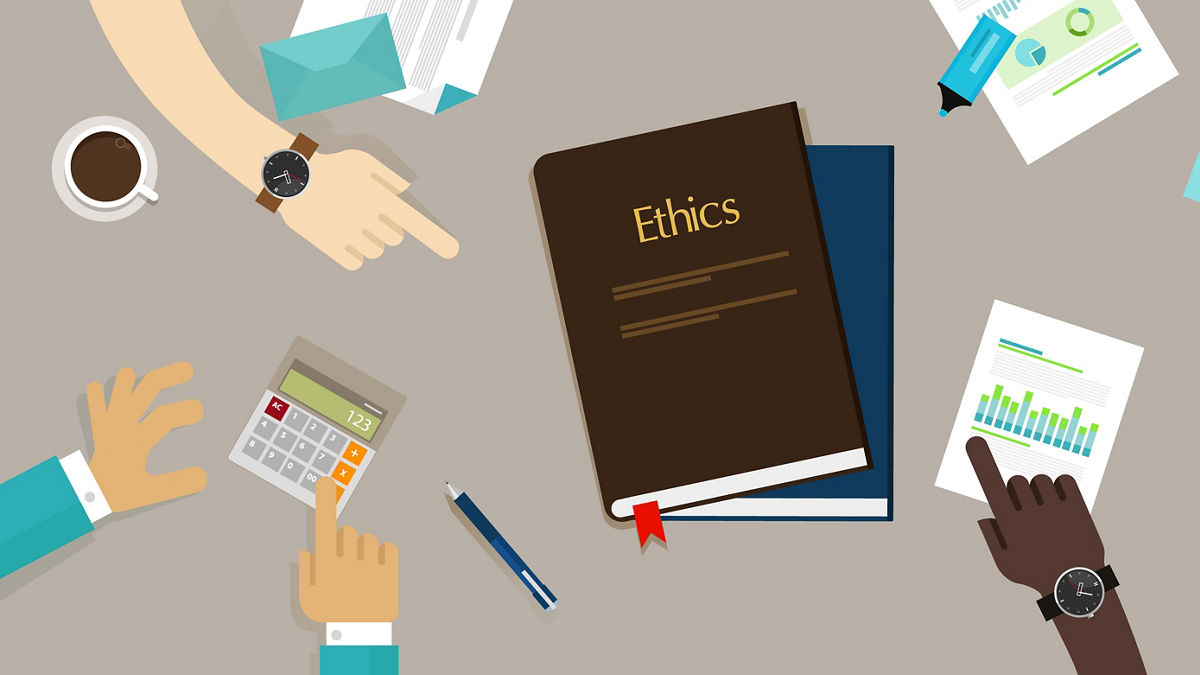 An illustration of hands of a diverse group of people pointing to an ethics book.